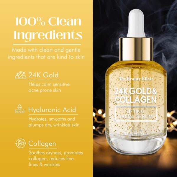 Korean 24k Gold & Collagen Serum For Face - Anti Aging, Fine Lines & Wrinkle Treatment, Deeply Hydrating Nourishing & Lightweight Korean Skin care - All Skin Types - Clean Ingredients - 1.69Fl. Oz - Image 4