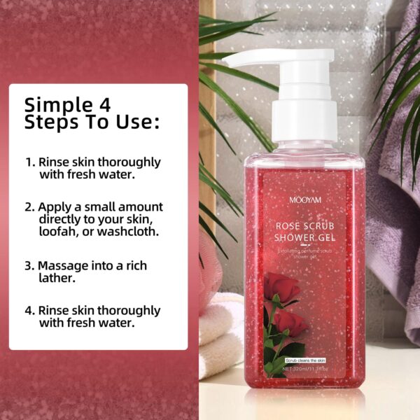 2-in-1 Body Wash & Body Scrub Rose (11.3fl.oz), Gentle Exfoliating Scrub for Deep Cleansing, Effective on Acne & Dead Skin, Brighten & Moisturize Skin Polishes - Image 6