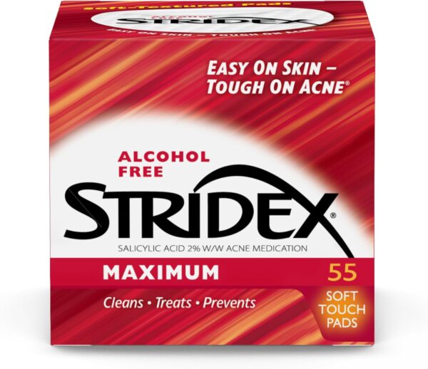 Stridex Medicated Acne Pads, Maximum, 55 Count – Facial Cleansing Wipes, Alcohol Free, Acne Treatment for Face, For Moderate Acne, Smooth Application