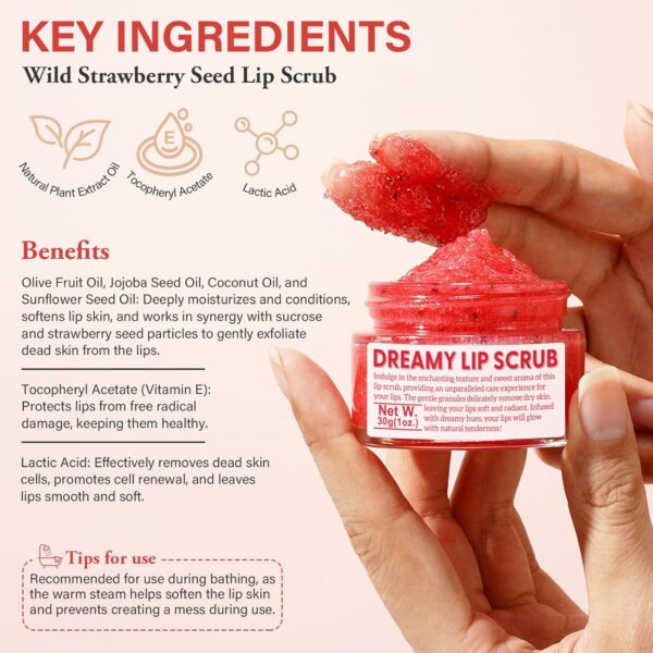 Wild Strawberry Seed Lip Scrub - Exfoliating & Moisturizing Lip Treatment with Olive Oil, Jojoba Oil, Coconut Oil, Natural Strawberry Extract - Includes Dual-Sided Silicone Brush, 1.01oz - Image 5