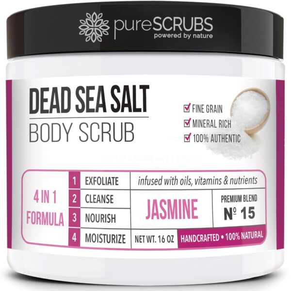 pureSCRUBS Premium Jasmine Body Scrub Set - Large 16oz Dead Sea Salt Body Scrub With Infused Essential Oils & Nutrients Includes Wooden Spoon, Loofah & Oatmeal Exfoliating Bar Soap