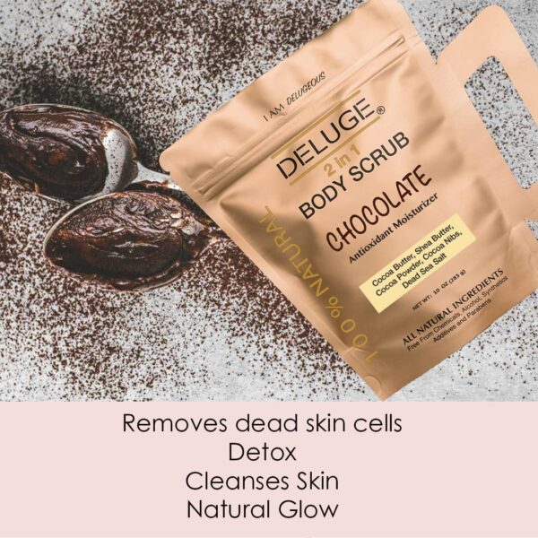 Deluge Chocolate Scrub for Cellulite and Stretch Marks, Body Exfoliant and Hydrating Cellulite Treatment with Shea Butter, Coconut Oil and Dead Sea Salt Firms, Tones and Moisturizes Skin (10 oz) - Image 2