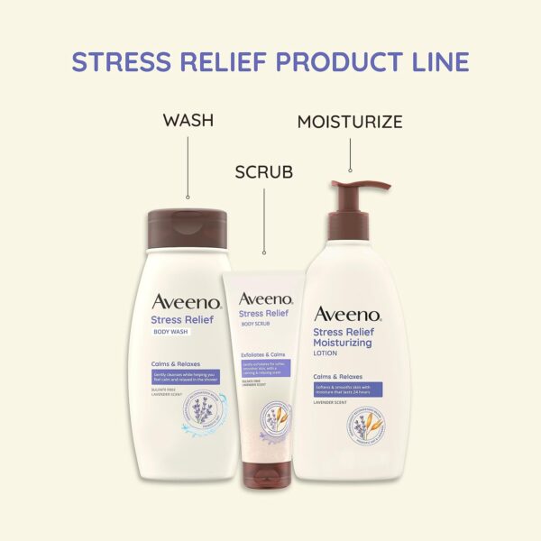 Aveeno Stress Relief Body Scrub, Exfoliating Body Wash for Softer, Smoother Skin, Formulated with Prebiotic Oat & Lavender Scent to Calm & Relax, Sulfate-Free & Soap-Free, 8 fl. oz - Image 4