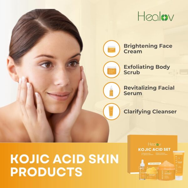 Kojic Acid Skincare Set – Kojic Soap Cleanser, Exfoliating Body Scrub, Face Cream & Brightening Facial Serum – Skin Brightening Hyperpigmentation Treatment, Dark Spot Corrector – with Turmeric Papaya - Image 2