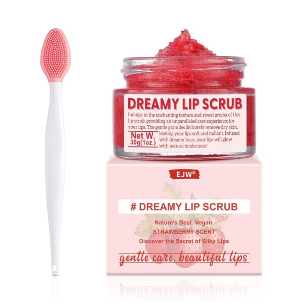 Wild Strawberry Seed Lip Scrub - Exfoliating & Moisturizing Lip Treatment with Olive Oil, Jojoba Oil, Coconut Oil, Natural Strawberry Extract - Includes Dual-Sided Silicone Brush, 1.01oz