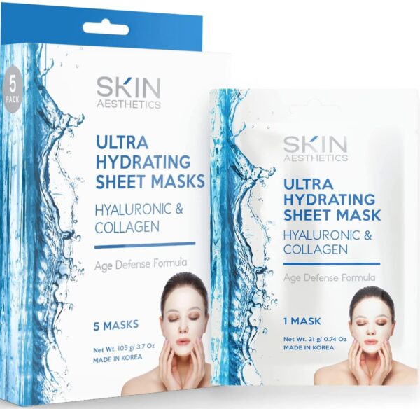 Hyaluronic & Collagen Sheet Face Mask - Skin Firming & Anti-Aging, Moisturizes & Plumps Skin, Ultra Hydrating Sheet Mask - Cruelty Free Korean Skin Care For All Skin Types - 5 Masks