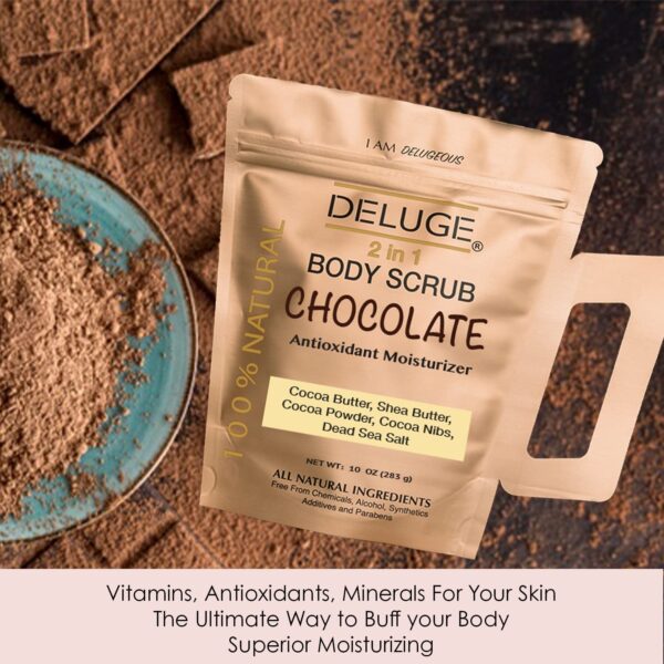 Deluge Chocolate Scrub for Cellulite and Stretch Marks, Body Exfoliant and Hydrating Cellulite Treatment with Shea Butter, Coconut Oil and Dead Sea Salt Firms, Tones and Moisturizes Skin (10 oz) - Image 4