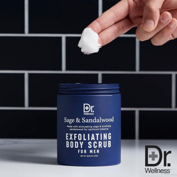 Dr. Wellness Body Scrub for Men- Ultimate Exfoliating Scrub Infused with Sage & Sandalwood, Men’s Body Wash in Jar with Twist Top, 23 oz, For All Skin Types - Image 3