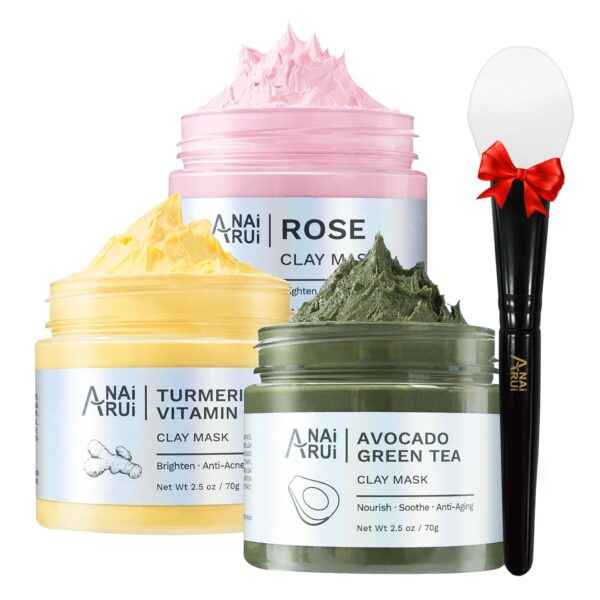 ANAI RUI Turmeric Vitamin C Clay Mask -Rose Facial Mask -Avocado Green Tea Mud Mask,Facial Mask Skincare for Deep Cleansing,Purify Pores, SPA Mask Set, Facial Mask Set Gifts Set 2.5 oz each