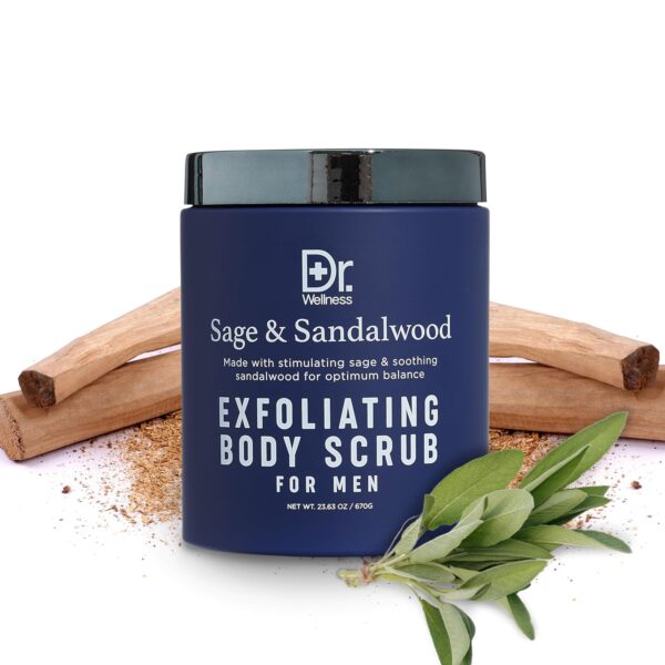 Dr. Wellness Body Scrub for Men- Ultimate Exfoliating Scrub Infused with Sage & Sandalwood, Men’s Body Wash in Jar with Twist Top, 23 oz, For All Skin Types - Image 2