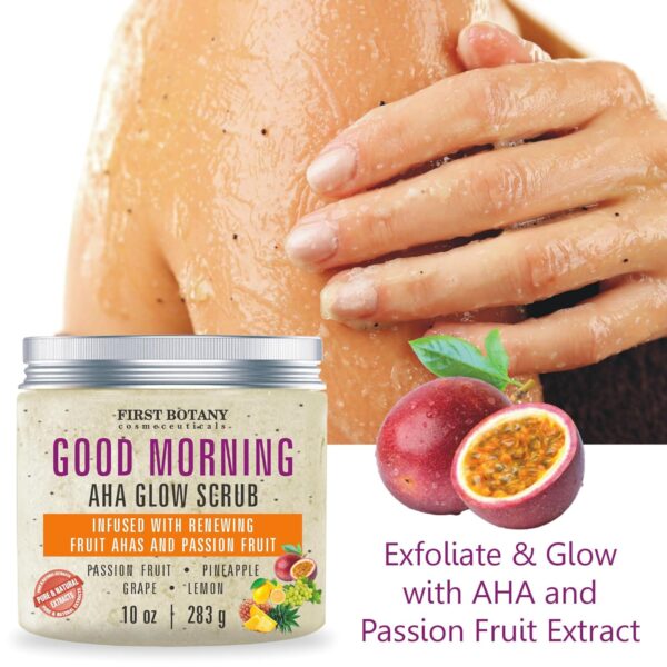 AHA Body Scrub with Passion Fruit - Natural Exfoliating Salt Scrub Body & Face Souffle helps with Moisturizing Skin, Acne, Cellulite, Dead Skin Scars, Wrinkles, 10 oz