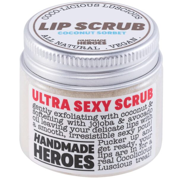 Handmade Heroes 100% Natural Lip Scrub, Vegan Conditioning Coconut Exfoliator - Gentle Exfoliant, Sugar Polish and Scrubber for Chapped Dry Lips, 1oz (Coconut Sorbet)