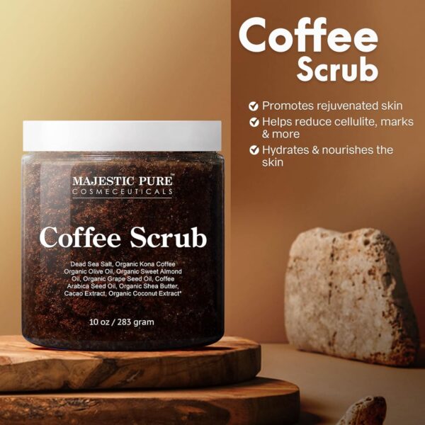 MAJESTIC PURE Arabica Coffee Scrub with Dead Sea Salt | All Natural Exfoliating Body Scrub for Skin Care, Stretch Marks, Acne, Cellulite | Body Scrub Exfoliator Reduce the Spider Veins, Eczema | 10 Oz - Image 3