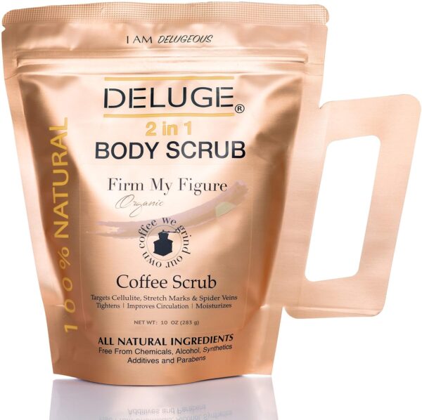 Deluge Coffee Scrub for Cellulite and Stretch Marks, Body Exfoliant and Hydrating Cellulite Treatment with Shea Butter, Coconut Oil and Dead Sea Salt Firms, Tones and Moisturizes Skin (10 oz)