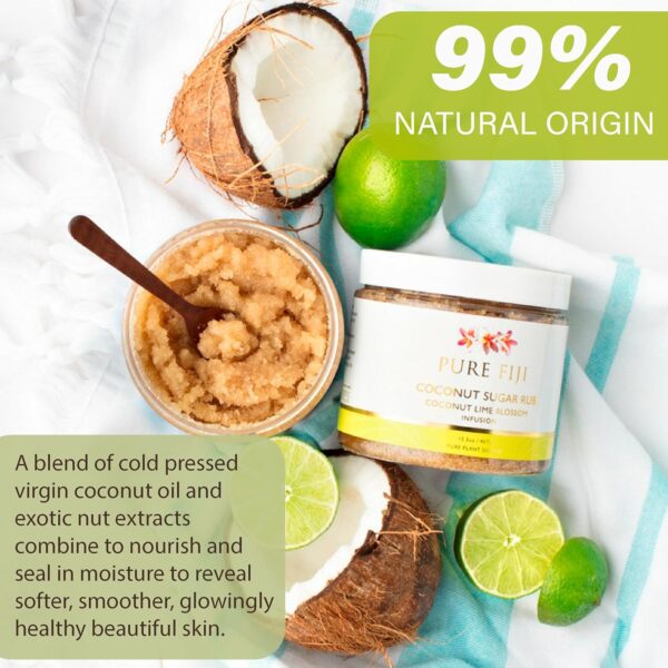 Pure Fiji Coconut Sugar Body Scrub - Body Exfoliator Scrub Natural Origin for Smooths and Softens Skin - Organic Exfoliating Sugar Scrub for Body, Coconut Lime Blossom, 15.5 Oz - Image 6