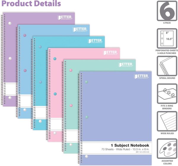 Better Office Products Spiral Notebooks, 6 Pack, 1 Subject, 70 Sheets, 10.5 x 8 inches, 6 Assorted Pastel Colors (Wide Ruled) - Image 3