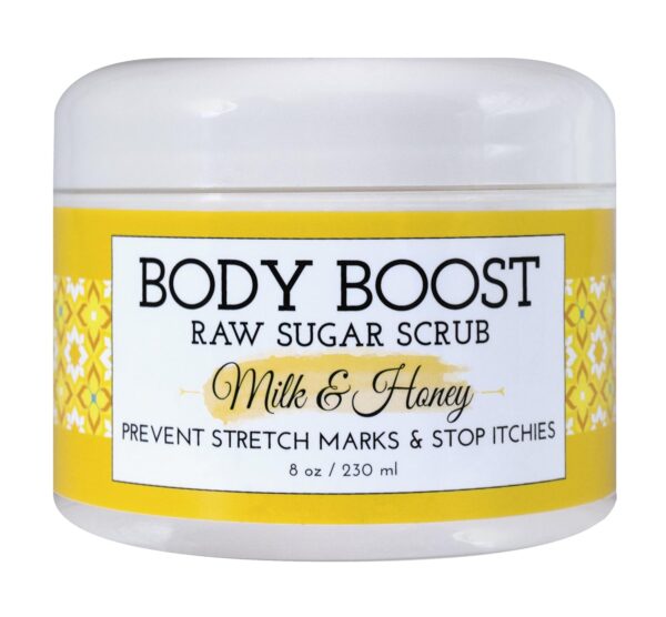 Body Boost Milk & Honey Sugar Scrub 8 oz- Help Prevent Dry Skin, Stretch Marks, and Scars- Pregnancy and Nursing Safe- Allergen Free