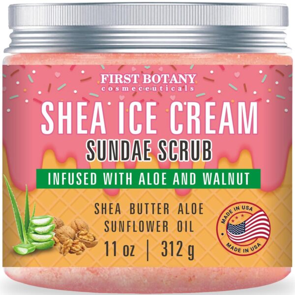 Shea Ice Cream Body Scrub - W/Walnut Shell Powder, Natural Exfoliating Scrub for Body & Face, Moisturizes Skin, Reduces Acne, Cellulite, Wrinkles & Dead Skin, 10 oz