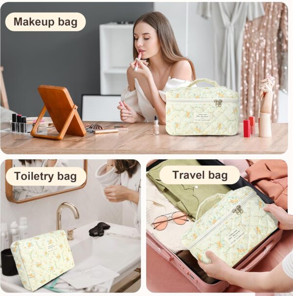 3Pcs Cotton Quilted Makeup Bag Large Travel Cosmetic Bag Coquette Makeup Pouch Cute Aesthetic Floral Toiletry Bag for Women Girls - Image 3