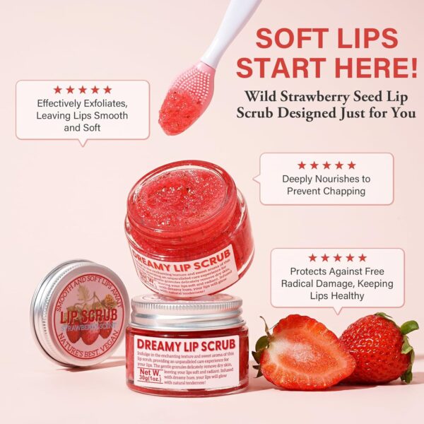 Wild Strawberry Seed Lip Scrub - Exfoliating & Moisturizing Lip Treatment with Olive Oil, Jojoba Oil, Coconut Oil, Natural Strawberry Extract - Includes Dual-Sided Silicone Brush, 1.01oz - Image 2