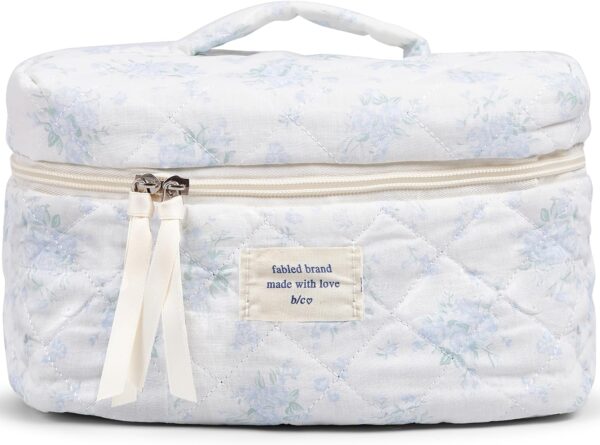 Makeup Bag Large Travel Quilted Cosmetic Makeup Bag Organizer, Floral Cotton Coquette Aesthetic Toiletry Bag for Women Girls (Blue Romantic Rose-L)